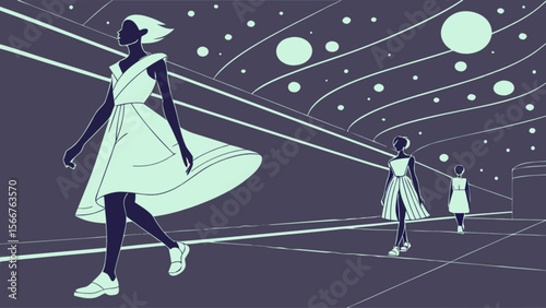 Fashion show runway models wearing stylish dresses in futuristic space with lights and dark background