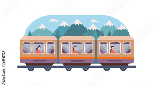 Scenic train ride through mountains illustration for travel tourism adventure vacation and transportation design