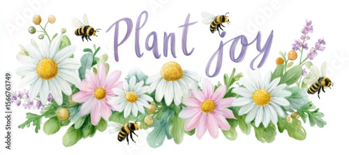 Cheerful floral wreath with bees and handwritten quote “Plant Joy”. Elegant watercolor design with botanical elements for greeting cards, posters, wall art, and seasonal branding.