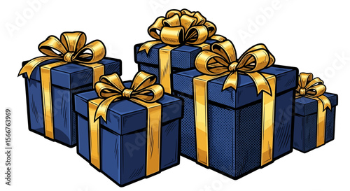 Stylish popart illustration of 5 dark blue gift boxes with gold ribbons on white background