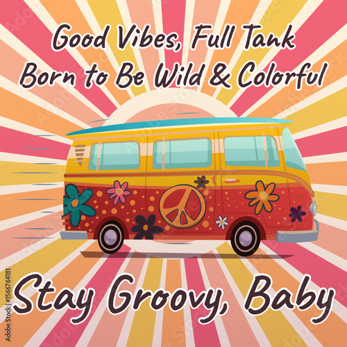 Stay Groovy, Baby Ride the Retro Vibes with Peace, Love, and Colorful Sunshine