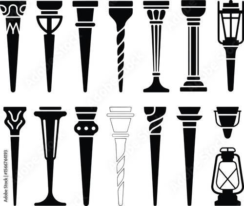 Ancient torch and lantern designs vector set classical column