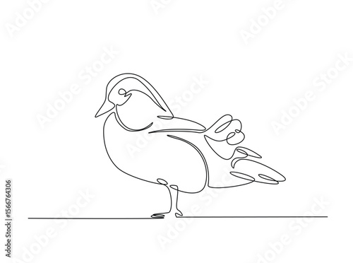 Cute mandarin duck draw in single outline illustration. Continuous line art drawing of mandarin duck.