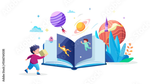 Childrens book illustration of space adventure and imagination with planets and fantasy characters for reading