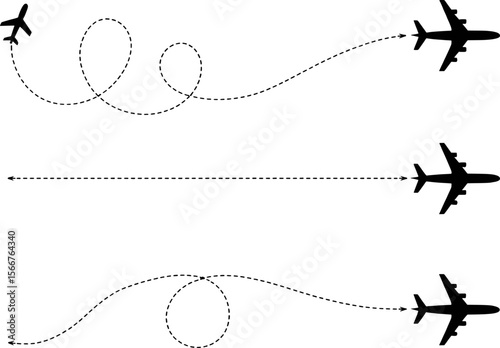 Black airplanes with dashed flight paths on white background travel journey