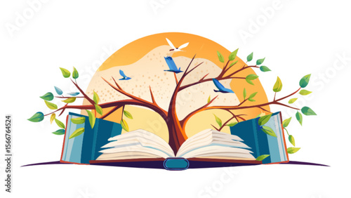 Open book with tree of knowledge and birds illustration for education and nature themed designs vector