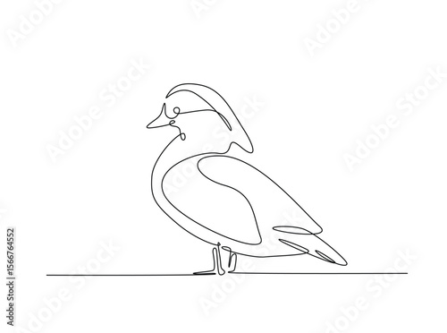 Cute mandarin duck draw in single outline illustration. Continuous line art drawing of mandarin duck.