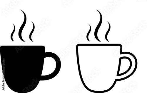 Black and white steaming coffee cup icons with simple graphic design hot beverage