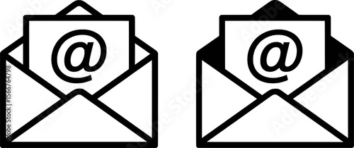 Black and white vector illustration of email envelopes with at symbols communication