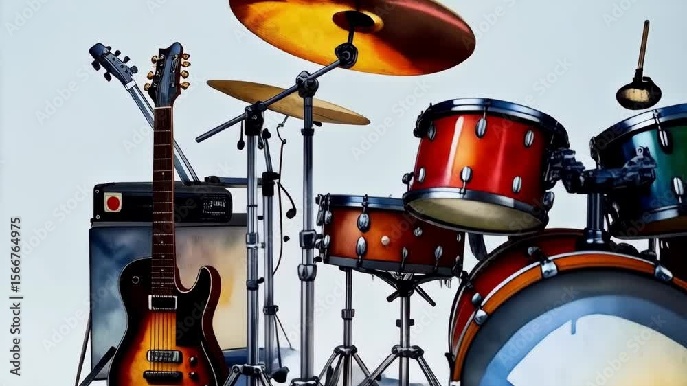 Drum kit and amplifier with electric guitar, music performance equipment and recording studio stage set with musical instruments