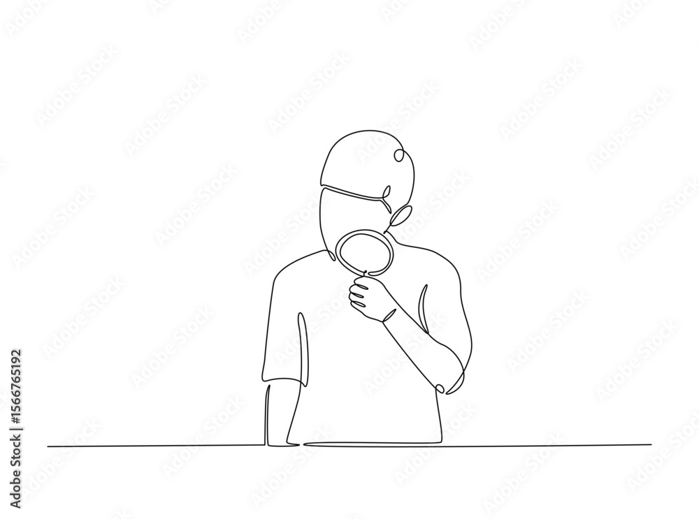 Obraz premium Smart boy Magnifying Glass draw in single outline illustration. Continuous line art drawing of curious Boy Holding a Magnifying Glass.