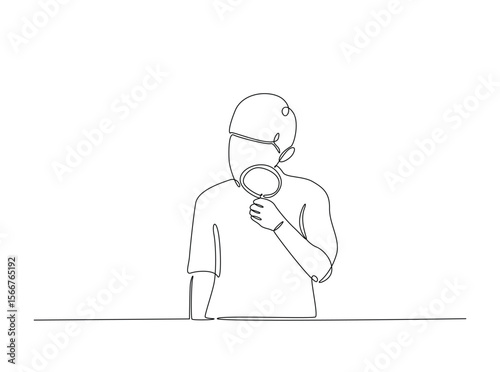 Smart boy Magnifying Glass draw in single outline illustration. Continuous line art drawing of curious Boy Holding a Magnifying Glass.