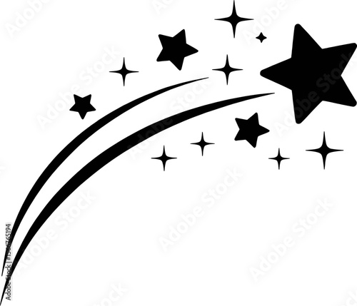 Black shooting star graphic with sparkling star shapes and curved lines sparkle