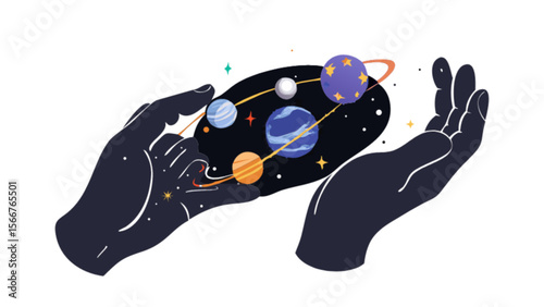 Galaxy planets in hands vector illustration space astronomy universe cosmic celestial exploration design art