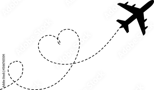 Black silhouette of an airplane flying a dashed heart-shaped path flight path heart shape
