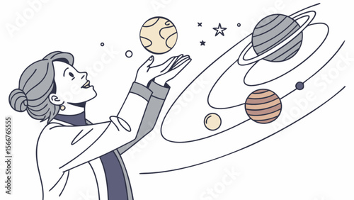 Astronomy science education woman studying planets solar system space exploration and discovery illustration