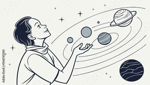 Astronomy illustration of woman with planets in space exploring the universe and solar system art