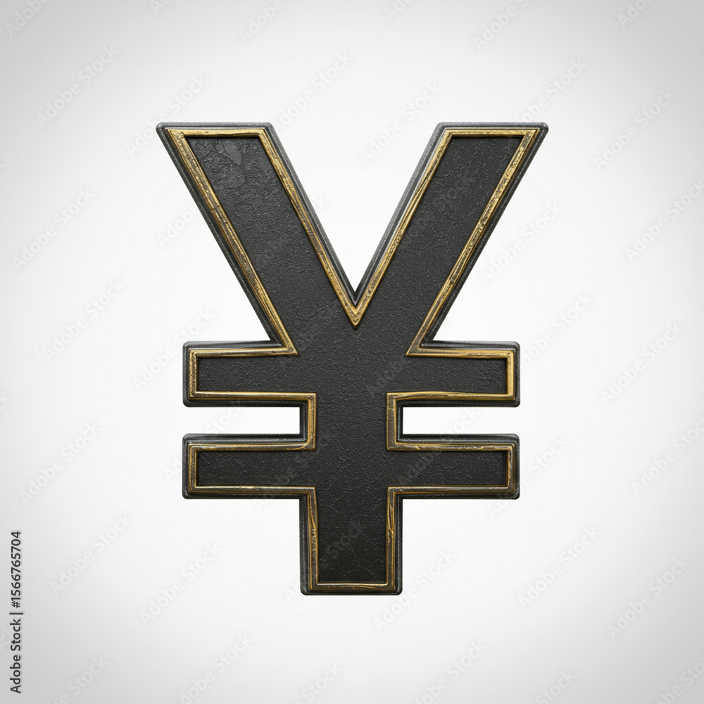 Obraz premium Strong black and gold yen symbol representing Japanese currency and money. metallic 3D icon for finance, banking, and economy, with textured outline on white background