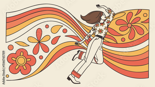 Retro groovy girl illustration with floral shirt and bell bottoms vintage seventies style design vector art
