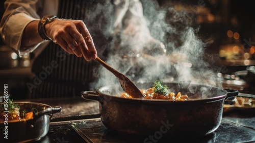 A chef stirring a delicious stew in a large, cast-iron pot on a stove, with steam rising from the pot, capturing the process of cooking in a professional kitchen.