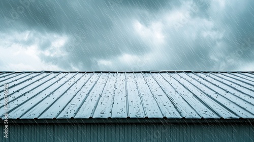 A metal roof with raindrops falling against a cloudy sky