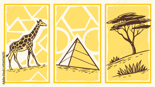 Giraffe pyramid tree africa safari landscape illustration vector art design graphic drawing nature scene