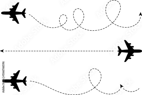 Format: Title: Black airplanes with dashed flight paths vector graphic illustration set