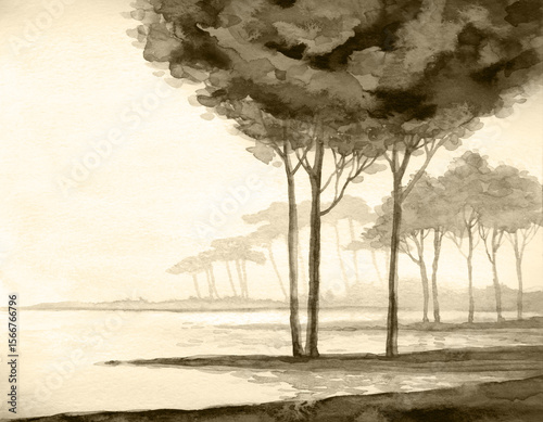 Watercolor landscape. Trees by the lake