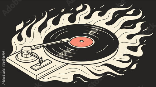 Vintage vinyl record player with flames illustration for music lovers and retro design enthusiasts art