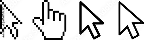 Pixelated and smooth pointer cursors in black and white arrow hand
