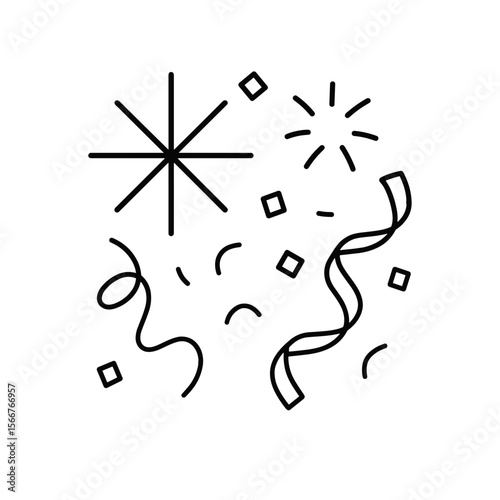 Festive confetti and star bursts in simple line art style  