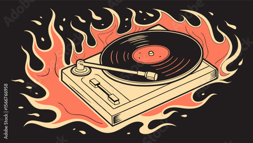 Vintage vinyl record player on fire dj turntable music audio equipment retro sound system hot tunes spinning 100