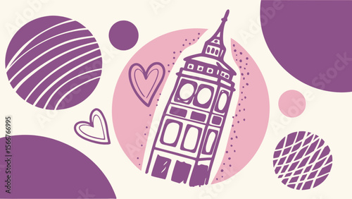 Galata tower istanbul turkey travel guide and tourist attraction with hearts and circles design vector art