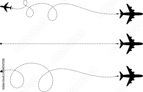 Silhouette airplanes flying with dashed flight path lines travel journey