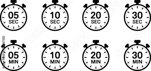 Stopwatch icons showing five ten twenty and thirty seconds and minutes timer time