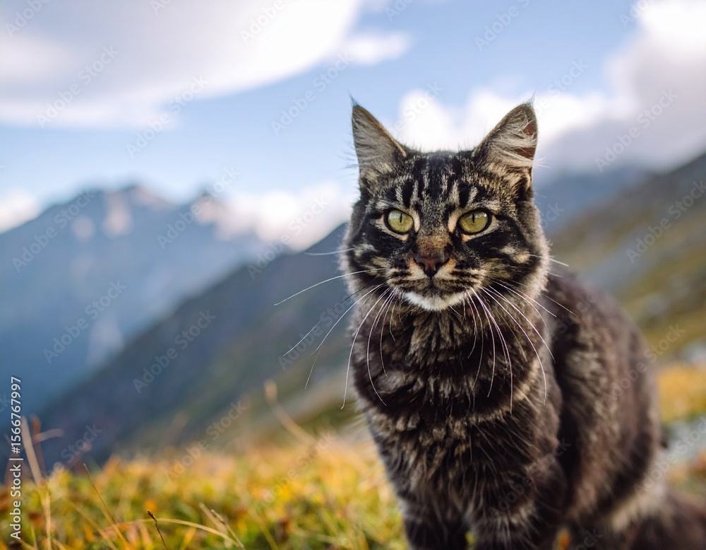Obraz premium A fluffy cat sits atop a rocky mountain gazing at the majestic peaks and clouds capturing a serene moment in nature. Peaceful feline enjoys vista from high altitude observing impressive