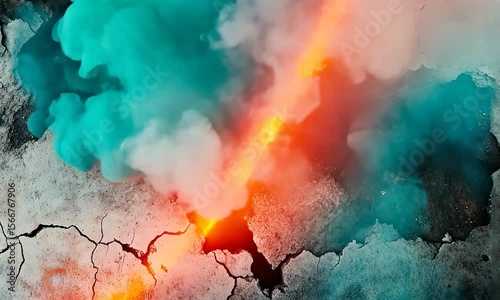 Vibrant Eruption of Lava Amidst Cracked Earth with Plumes of Smoke Rising in Vivid Colors