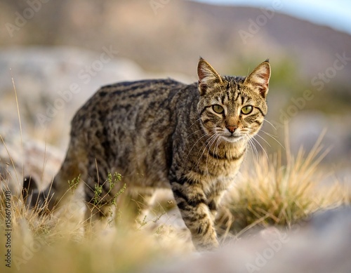 A cat is eating leaves from a bush in a rocky area. Kitty consume plant matter amid stone ground.