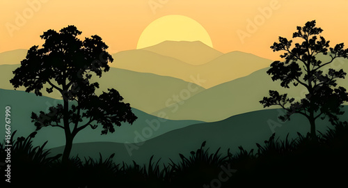 nature at sunset, scenic sunset, peaceful sunset, beautiful sunset, sunset scenery, romantic sunset, evening sky, sunset with clouds, tree outline, tropical sunset, sunset illustration, sunset vector,