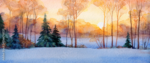 Trees in the winter forest. Watercolor landscape