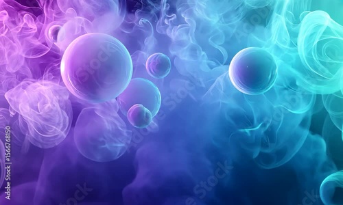 Ethereal Colorful Smoke with Floating Bubbles in Vibrant Shades of Blue and Purple