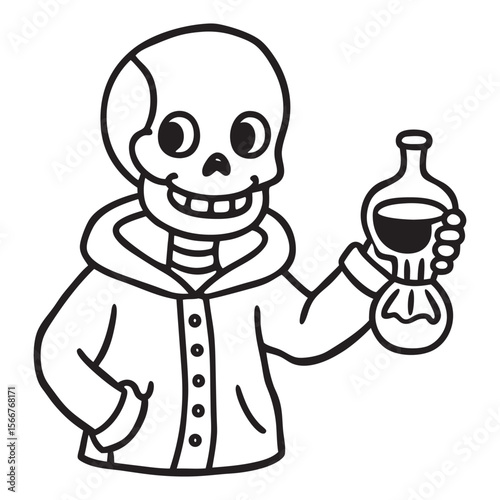Adorable skeleton character holding a glowing potion bottle