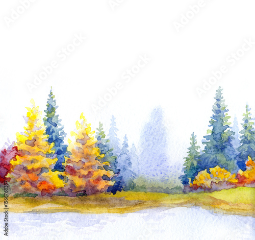 Autumn forest by the lake. Watercolor landscape