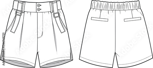  Front and Back Views of a Women's Pleated Shorts with a High Waist, Button Closure, and Pockets, Ideal for Fashion Design, Technical Apparel Drawings, and Product Development, Vector Template.
