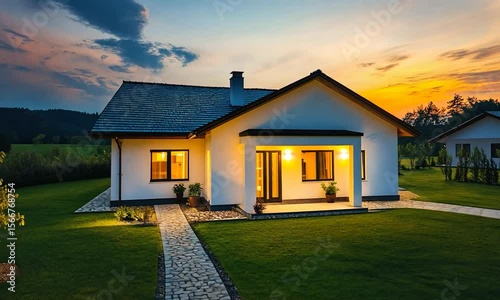 Idyllic Modern House Surrounded by Lush Greenery in Twilight with Charming Landscape Pathway and Soft Exterior Lighting