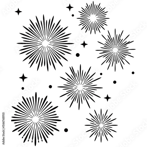 Fireworks Display Silhouette, A stunning monochromatic display of fireworks bursts across the night sky, with a dynamic arrangement of bursts, stars, and streaks, evokes a sense of celebration.