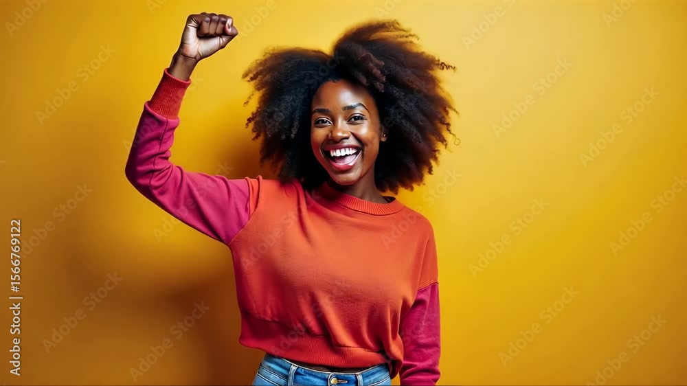 Positive happy and optimistic young african american black woman with curly hair, dressed in a color shirt, standing confidently with her arm raised in fist against a solid color studio background.