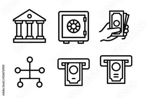 Clean vector symbols for banking UI. Cash, safe, transfer, ATM.