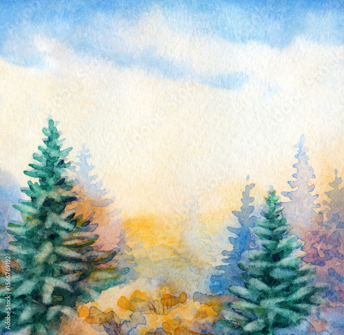 Watercolor landscape. Winter in the forest