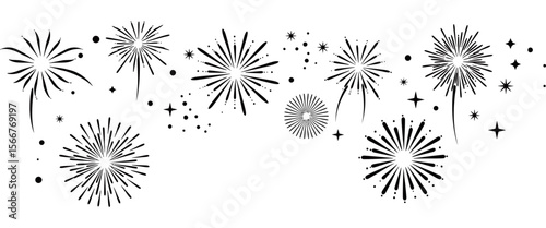 Fireworks Display Silhouette, A stunning monochromatic display of fireworks bursts across the night sky, with a dynamic arrangement of bursts, stars, and streaks, evokes a sense of celebration.